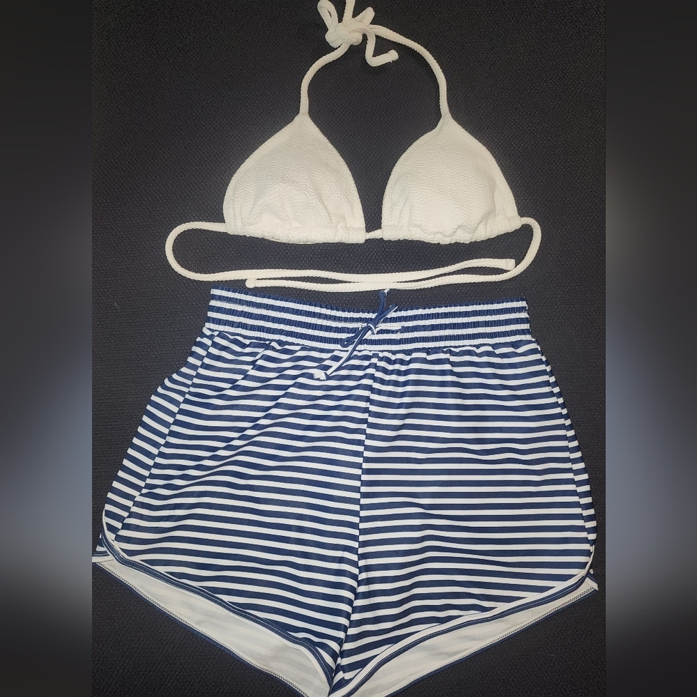 Like new White Bikini top & Navy and White Stripe Swim Shorts. Women's Small. - Picture 1 of 8